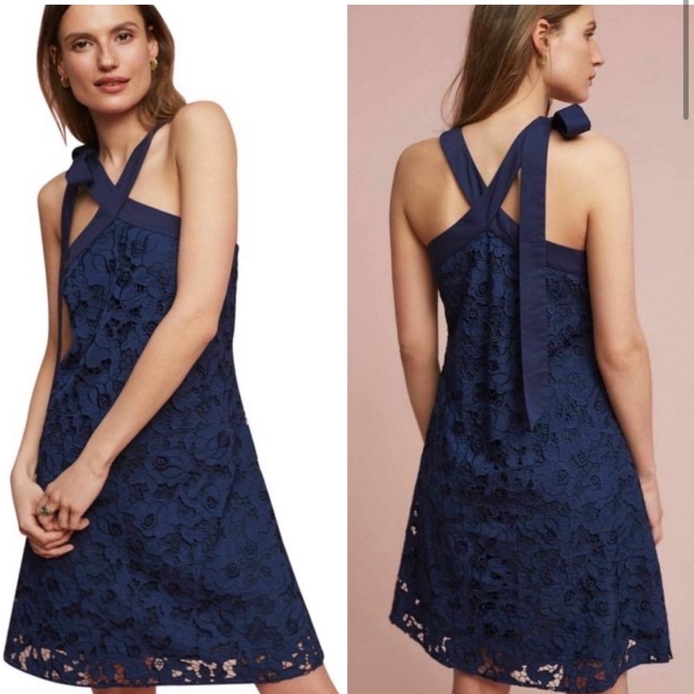 Shoshanna Anthropologie Tie Neck Halter floral Lace dress in navy